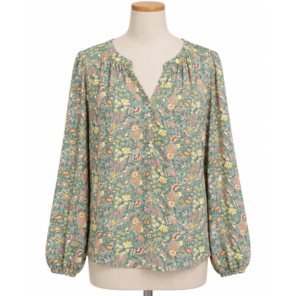 LOFT Floral Blouse Womens L Green Excellent Split Neck Long Sleeve Rayon Boho